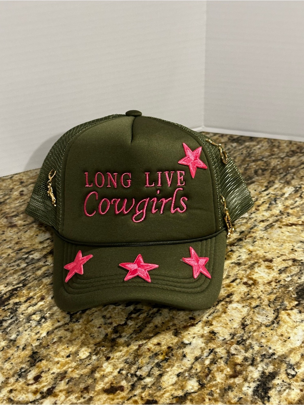 Long Live Cowgirls Olive Trucker Hat with Pink Stars and charms